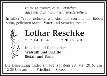 Traueranzeige von Lothar Reschke von Märkische Oderzeitung