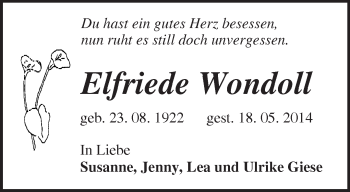 Traueranzeige von Elfriede Wondoll von Märkische Oderzeitung