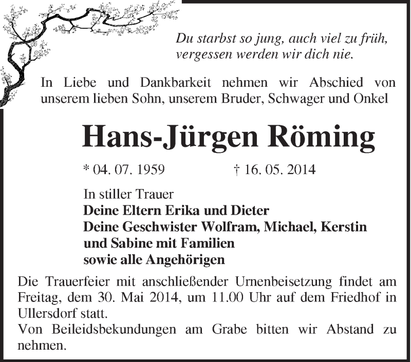  Traueranzeige für Hans-Jürgen Röming vom 21.05.2014 aus Märkische Oderzeitung