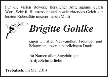 Traueranzeige von Brigitte Gohlke von Märkische Oderzeitung