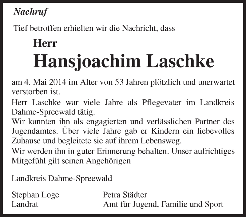  Traueranzeige für Hansjoachim Laschke vom 24.05.2014 aus Märkische Oderzeitung