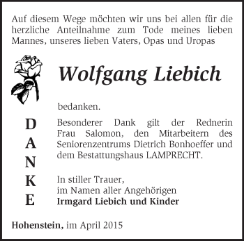 Traueranzeige von Wolfgang Liebich von Märkische Oderzeitung