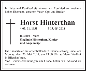 Traueranzeige von Horst Hinterthan von Märkische Oderzeitung