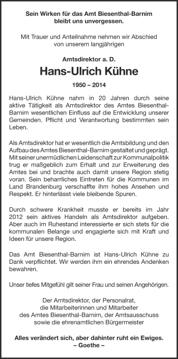 Traueranzeige von Hans-Ulrich Kühne von Märkische Oderzeitung