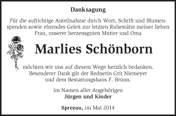 Traueranzeige von Marlies Schönborn von Märkische Oderzeitung