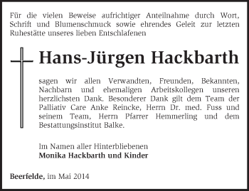 Traueranzeige von Hans-Jürgen Hackbarth von Märkische Oderzeitung