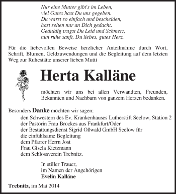 Traueranzeige von Herta  Kalläne von Märkische Oderzeitung