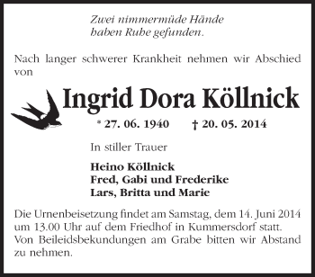 Traueranzeige von Ingrid Dora Köllnick von Märkische Oderzeitung