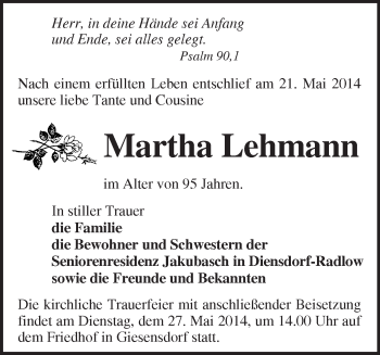 Traueranzeige von Martha Lehmann von Märkische Oderzeitung