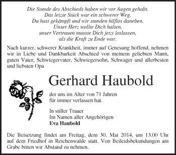 Traueranzeige von Gerhard Haubold von Märkische Oderzeitung