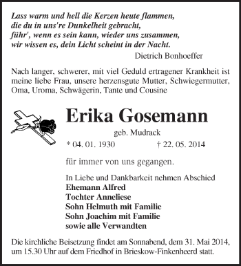 Traueranzeige von Erika Gosemann von Märkische Oderzeitung