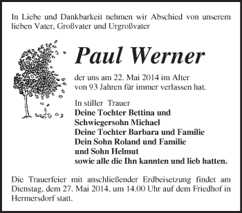 Traueranzeige von Paul Werner von Märkische Oderzeitung