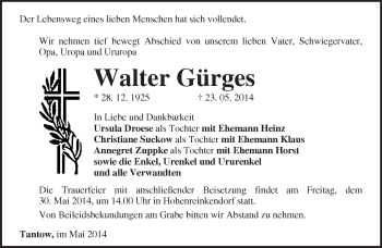 Traueranzeige von Walter Gürges von Märkische Oderzeitung