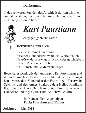 Traueranzeige von  Kurt Paustiann von Märkische Oderzeitung