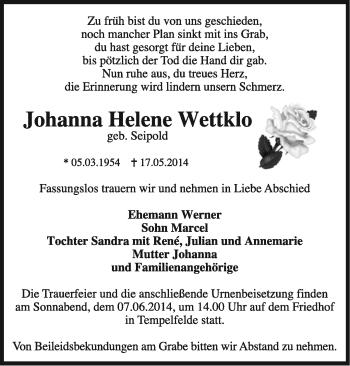 Traueranzeige von Johanna Helene Wettklo von Märkische Oderzeitung