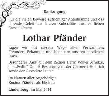 Traueranzeige von  Lothar Pfänder von Märkische Oderzeitung