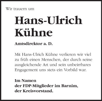 Traueranzeige von Hans-Ulrich Kühne von Märkische Oderzeitung