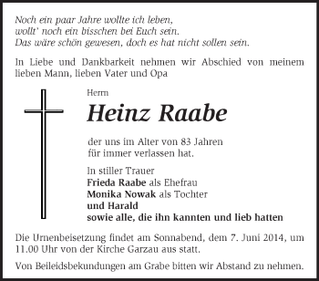 Traueranzeige von Heinz Raabe von Märkische Oderzeitung