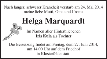 Traueranzeige von Helga Marquardt von Märkische Oderzeitung