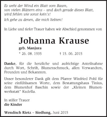 Traueranzeige von Johanna Krause von Märkische Oderzeitung