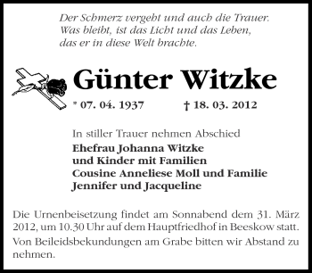 Traueranzeige von Günter Witzke von Märkische Oderzeitung