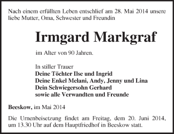 Traueranzeige von Irmgard Markgraf von Märkische Oderzeitung