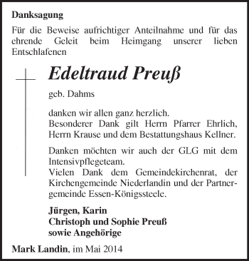 Traueranzeige von Edeltraud Preuß von Märkische Oderzeitung