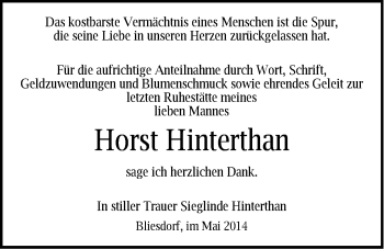 Traueranzeige von Horst Hinterthan von Märkische Oderzeitung