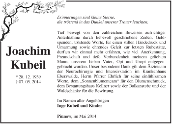 Traueranzeige von  Joachim Kubeil von Märkische Oderzeitung