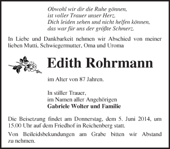 Traueranzeige von Edith Rohrmann von Märkische Oderzeitung