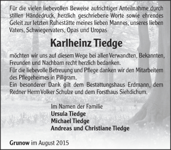 Traueranzeige von Karlheinz Tiedge von Märkische Oderzeitung