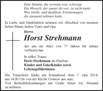 Traueranzeige von Horst Strehmann von Märkische Oderzeitung