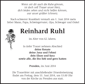 Traueranzeige von Reinhard Ruhl von Märkische Oderzeitung