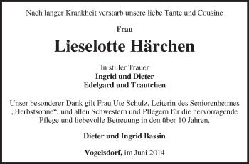 Traueranzeige von Lieselotte Härchen von Märkische Oderzeitung