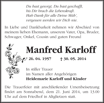 Traueranzeige von Manfred Karloff von Märkische Oderzeitung