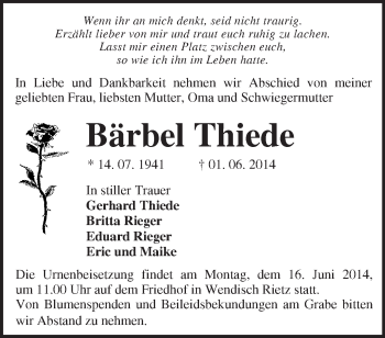 Traueranzeige von Bärbel Thiede von Märkische Oderzeitung