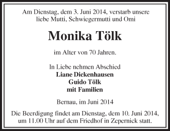 Traueranzeige von Monika Tölk von Märkische Oderzeitung