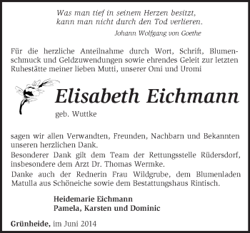 Traueranzeige von  Elisabeth  Eichmann von Märkische Oderzeitung