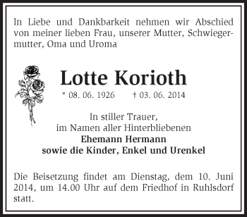 Traueranzeige von Lotte Korioth von Märkische Oderzeitung