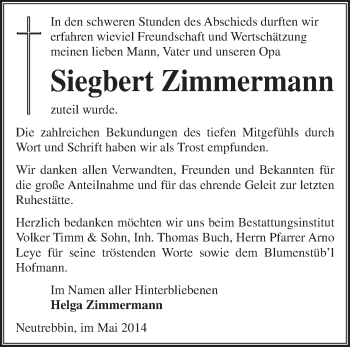 Traueranzeige von Siegbert Zimmermann von Märkische Oderzeitung