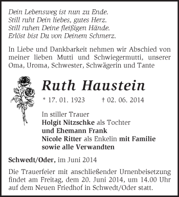Traueranzeige von Ruth Haustein von Märkische Oderzeitung