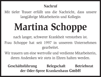 Traueranzeige von Martina Schoppe von Märkische Oderzeitung