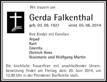 Traueranzeige von Gerda Falkenthal von Märkische Oderzeitung