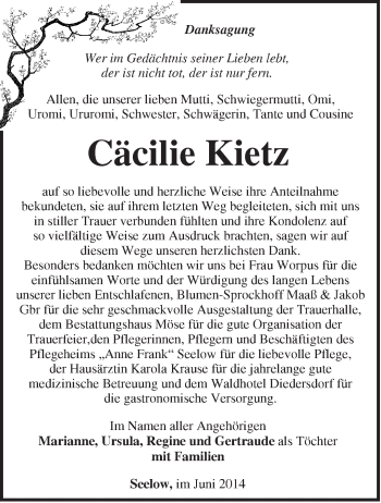 Traueranzeige von Cäcilie Kietz von Märkische Oderzeitung