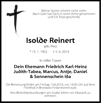 Traueranzeige von Isolde Reinert von Märkische Oderzeitung