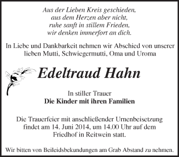 Traueranzeige von Edeltraud Hahn von Märkische Oderzeitung