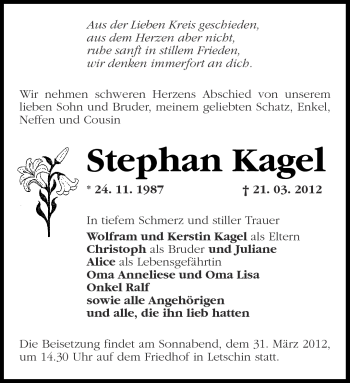 Traueranzeige von Stephan Kagel von Märkische Oderzeitung