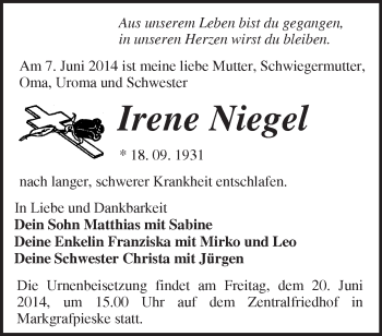 Traueranzeige von Irene Niegel von Märkische Oderzeitung