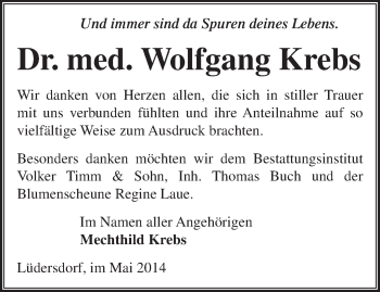 Traueranzeige von Wolfgang Krebs von Märkische Oderzeitung