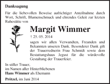 Traueranzeige von Margit Wimmer von Märkische Oderzeitung